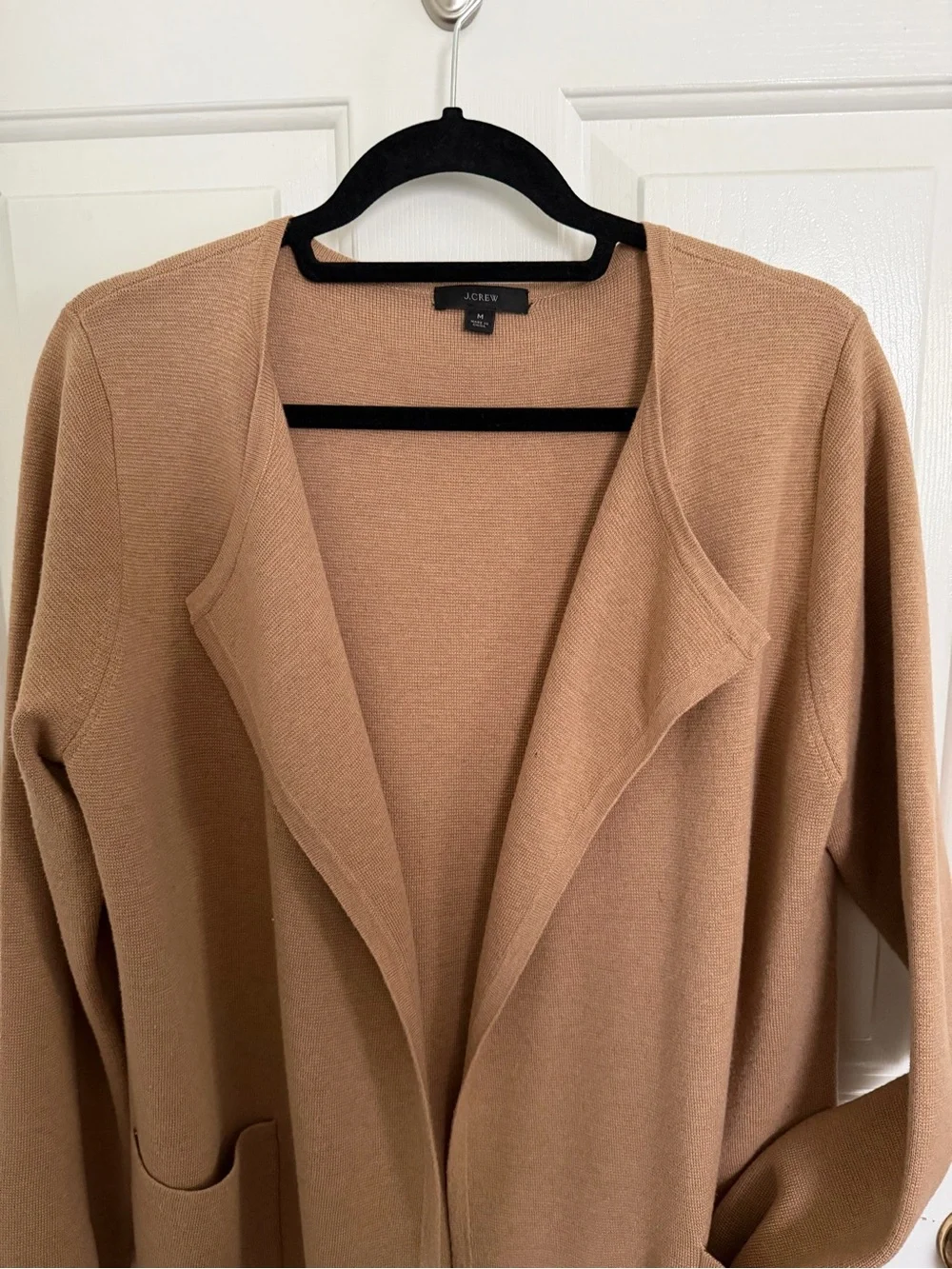 J.Crew Open Front Long Cotton Merino Wool Blend Cardigan in Camel